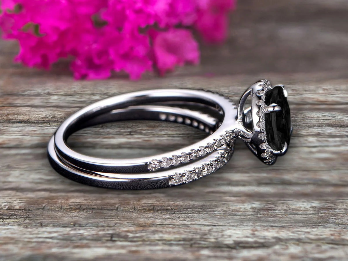 2.25 Carat Black Diamond Moissanite Engagement Ring Set With Curved Diamond Matching Band 10K White Gold Bridal Ring Set U66280
