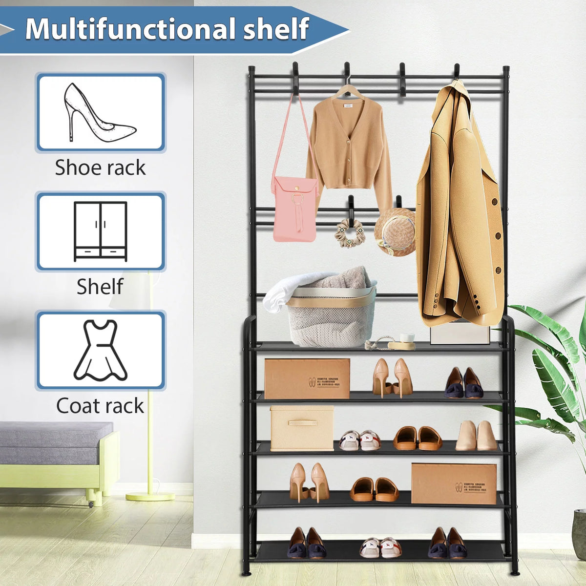 3-in-1 Metal Coat Rack with Shoe Storage, 5 Shelves R832825