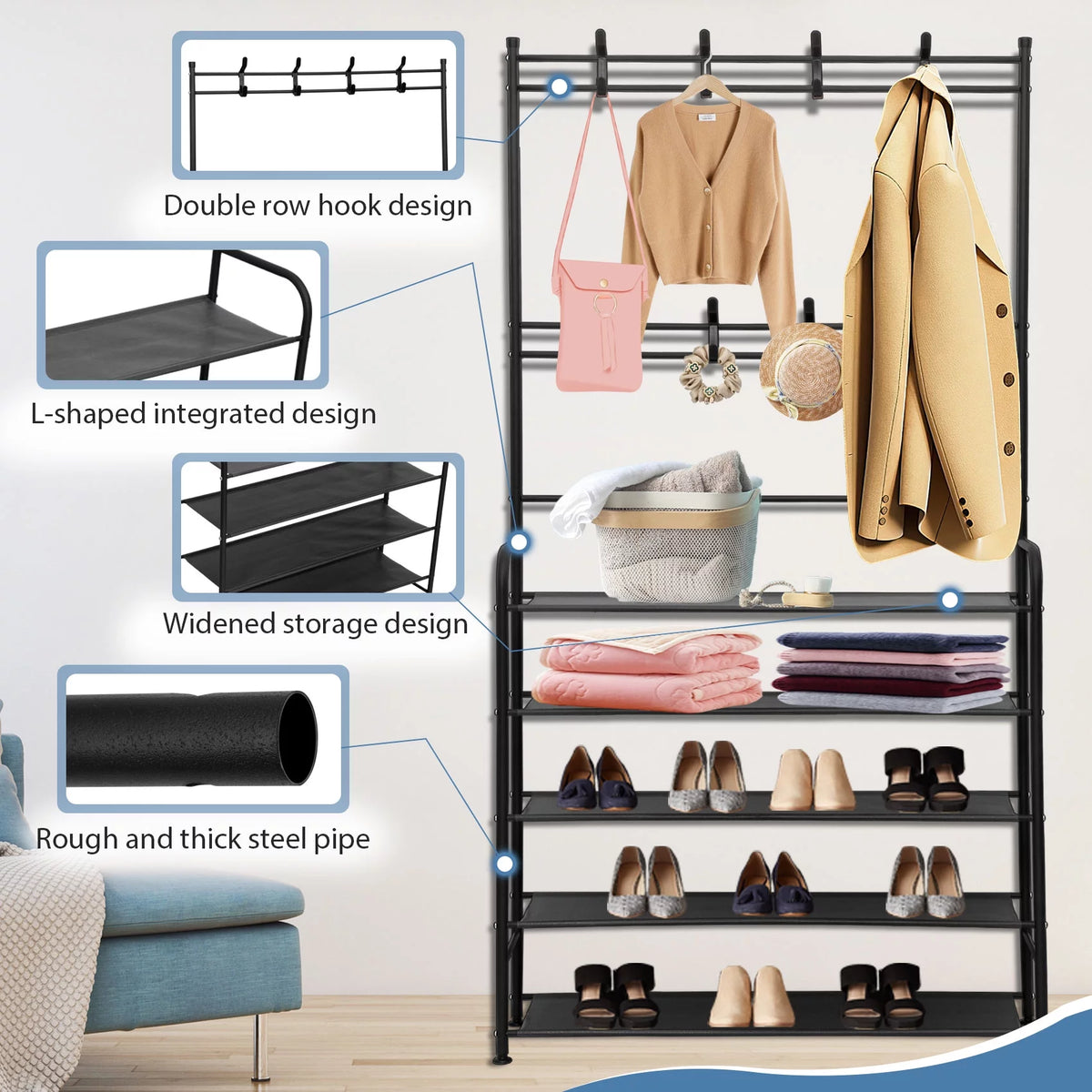 3-in-1 Metal Coat Rack with Shoe Storage, 5 Shelves R832825