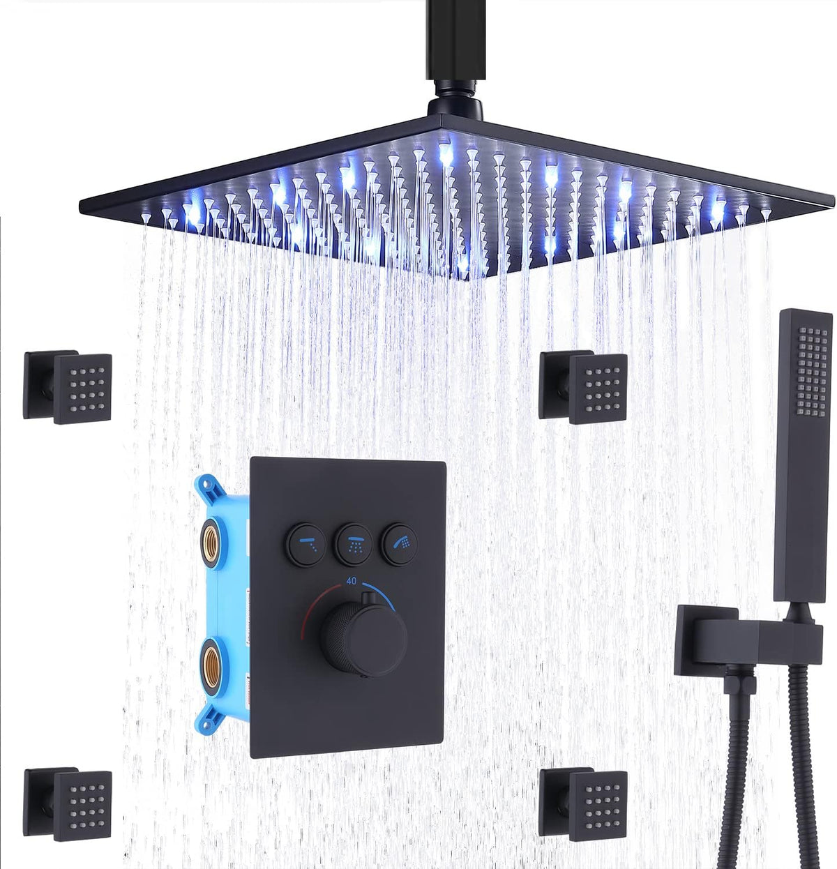 12 Inch Matte Black Brass Shower Faucet Fixture Combo Set I344