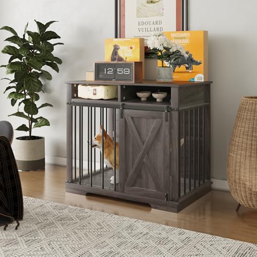 Large Double Dog Crate Furniture 72.4" Indoor Dog Kennel with Sliding Barn Door and Divider, Heavy Duty Dog Crate Wooden TV Stand Dog Cage with 2 Open Shelves, Grey V182595