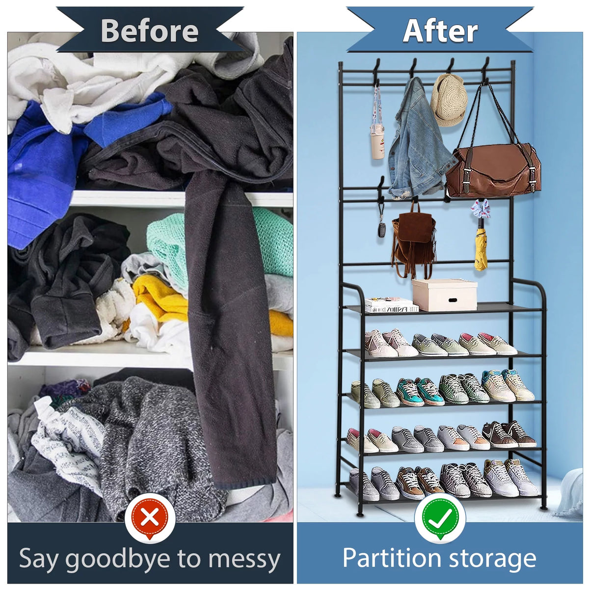 3-in-1 Metal Coat Rack with Shoe Storage, 5 Shelves R832825