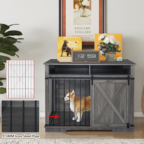Large Double Dog Crate Furniture 72.4" Indoor Dog Kennel with Sliding Barn Door and Divider, Heavy Duty Dog Crate Wooden TV Stand Dog Cage with 2 Open Shelves, Grey V182595