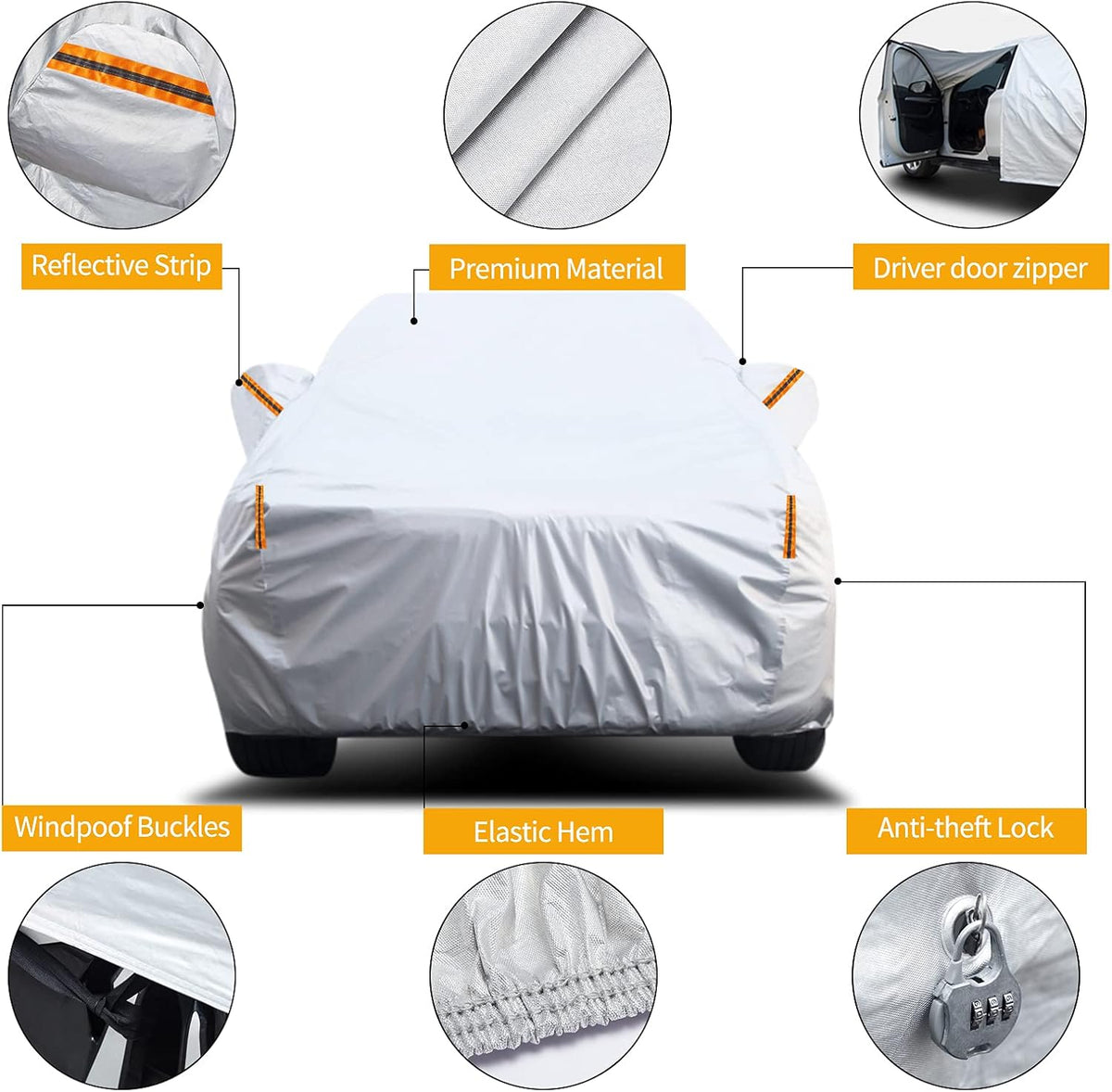 Waterproof Car Cover with Driver Door Zipper Lock Cable F66972