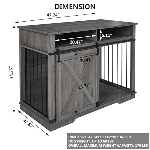 Large Double Dog Crate Furniture 72.4" Indoor Dog Kennel with Sliding Barn Door and Divider, Heavy Duty Dog Crate Wooden TV Stand Dog Cage with 2 Open Shelves, Grey V182595