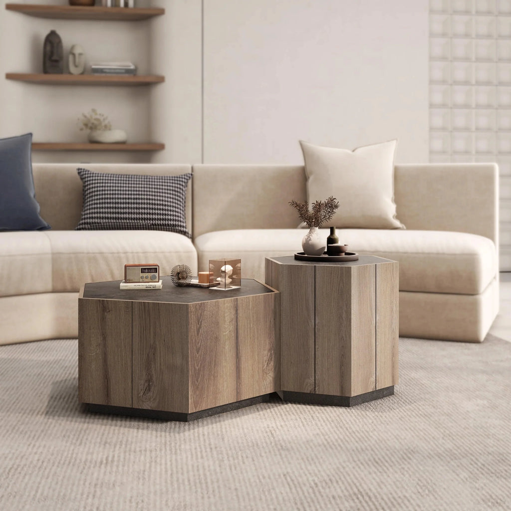 Hexagonal Coffee Table with 2 Drawers, Textured Black Warm Oak L97902