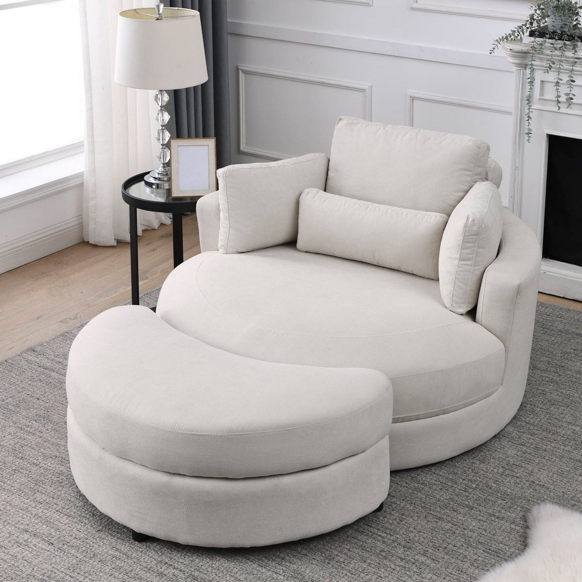2PCS Linen Fabric Swivel Accent Barrel Chair with Storage Ottoman J7609
