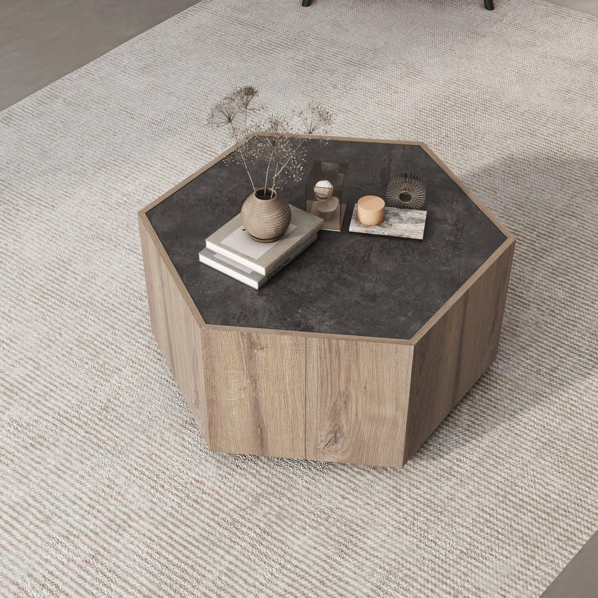 Hexagonal Coffee Table with 2 Drawers, Textured Black Warm Oak L97902