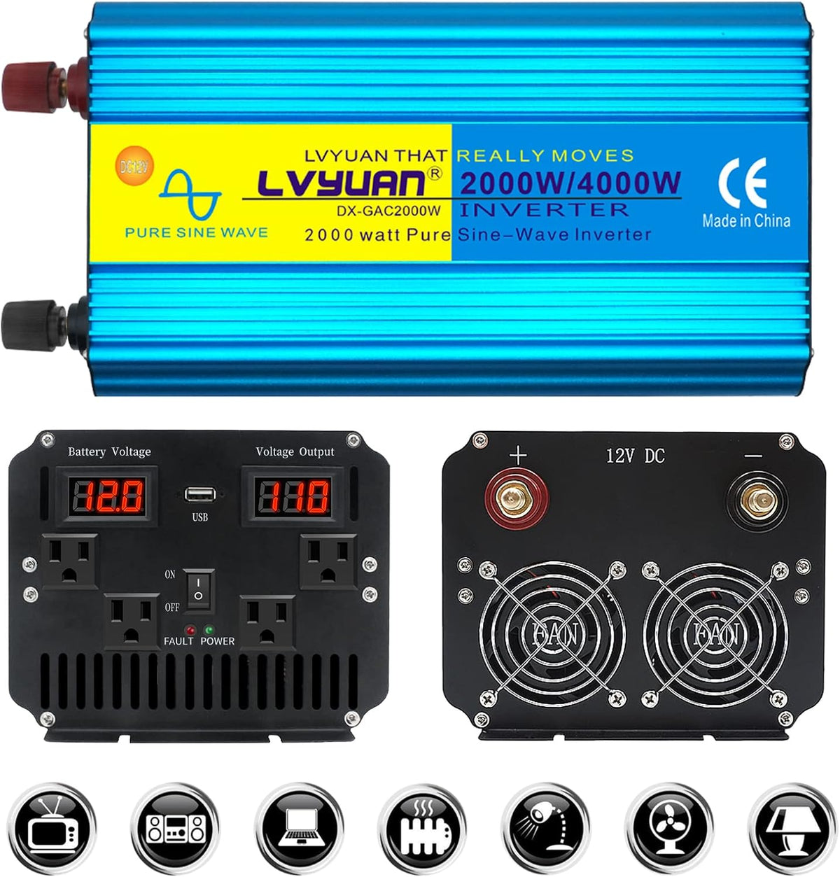 1000W Pure Sine Wave Car Power Inverter Dual AC Outlets Dual USB Charging Ports Pack of 2 V140018