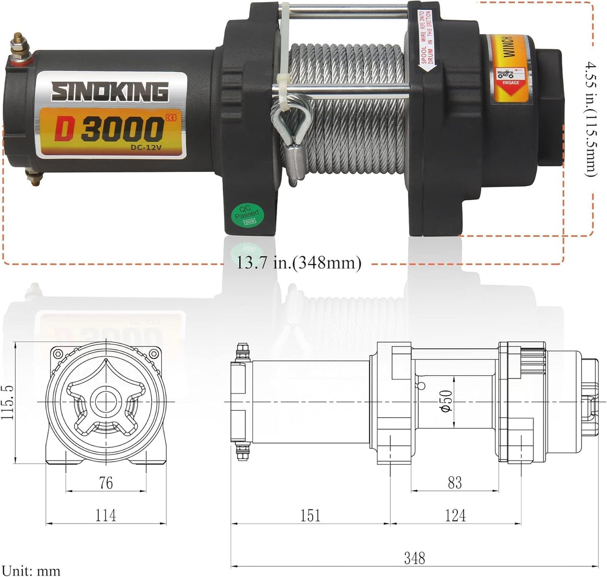12VDC 3000LB UTV ATV Winch with Steel Cable Electric Winch Kit with Wireless Remote Control J64050