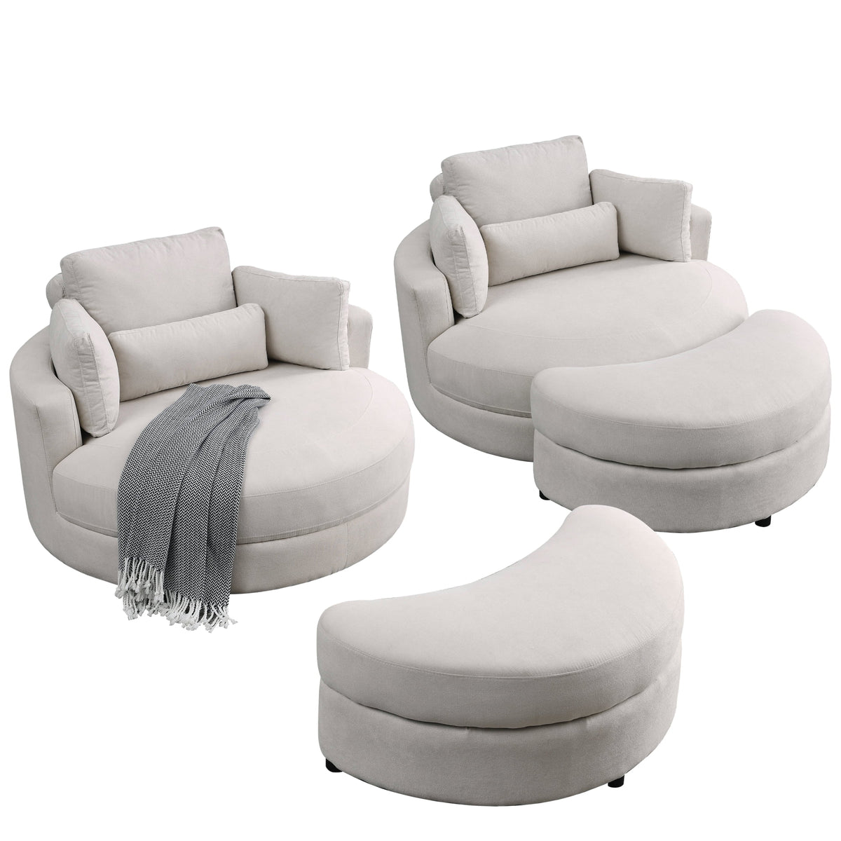 2PCS Linen Fabric Swivel Accent Barrel Chair with Storage Ottoman J7609