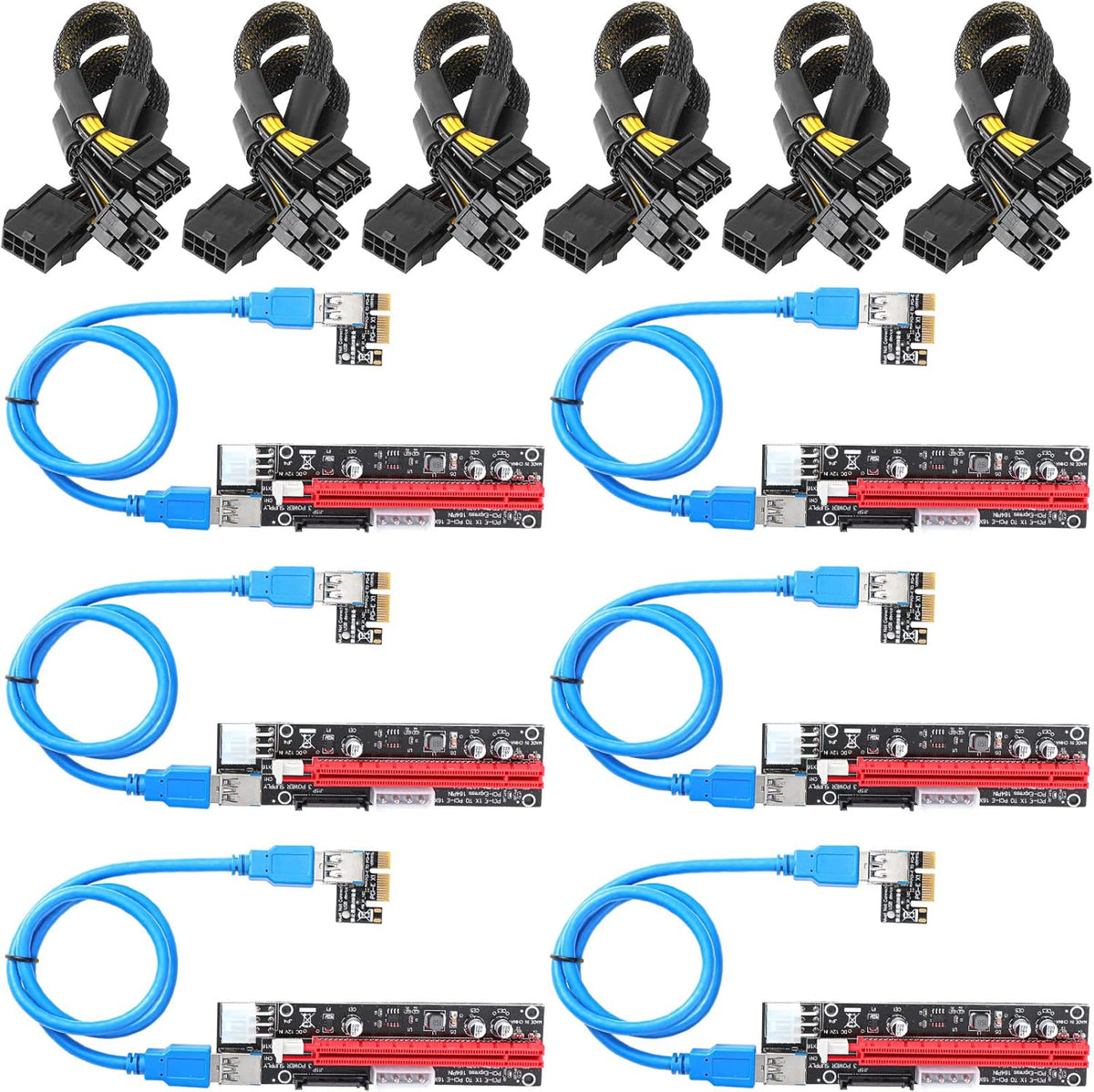 12 Pieces PCI-e Riser Express Cable Set 1X to 16X GPU Adapter Extension Cable USB 3.0 and VGA 8 Pin Female to Dual 8 Pin Male Splitter Braided Sleeved Cable Powered Riser Adapter Card Pack of 2 R124