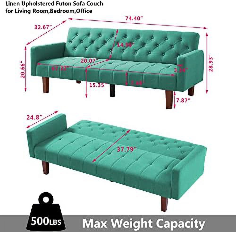 Beige Linen Upholstered Convertible Futon Sofa Bed 74" Tufted 3 Seater E39790