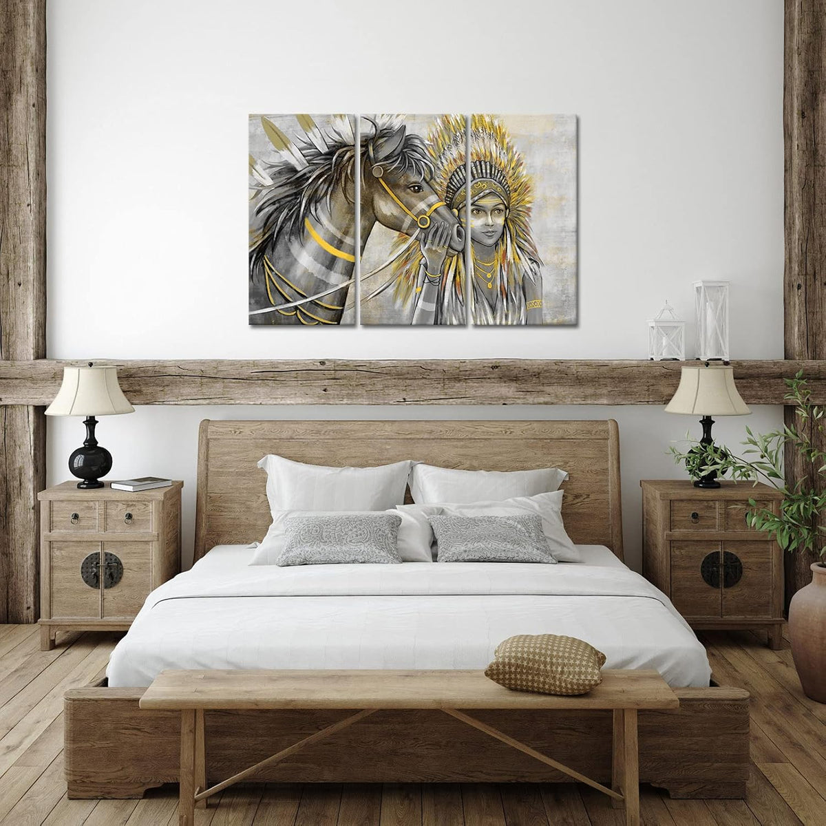 Set of 3 Canvas Painting Native American Women with Horse Feathers Headdress Poster Artwork Framed H484