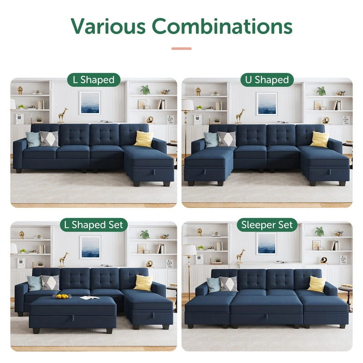 Dark Blue U-Shaped Sectional Sofa with Reversible Chaises and Storage Ottomans Z404