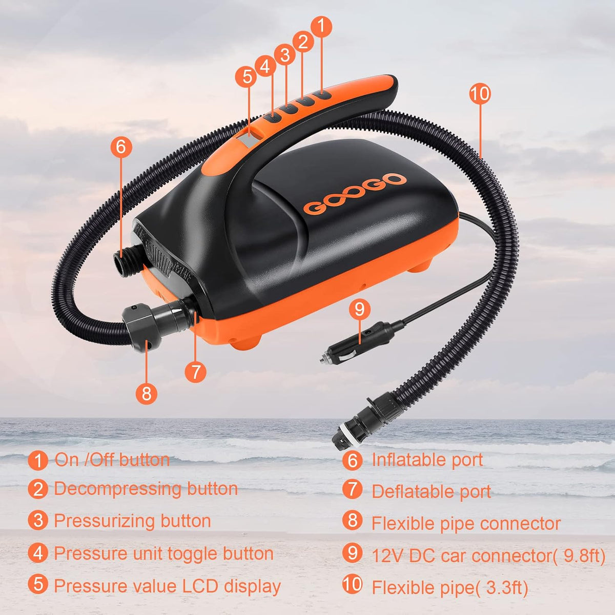 20PSI Portable Electric Paddle Board Pump with LCD Auto-Off, 6 Nozzles J869520