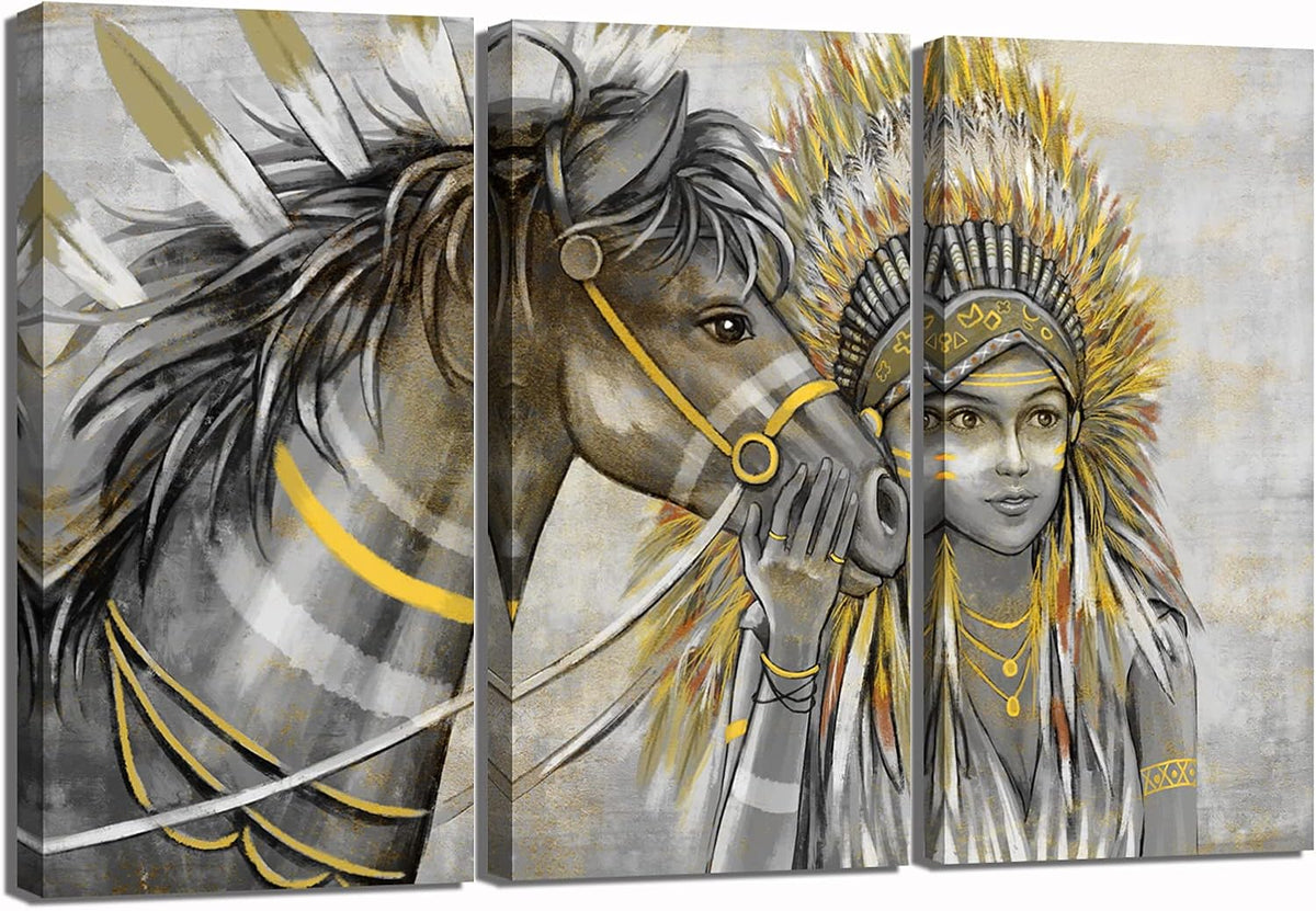 Set of 3 Canvas Painting Native American Women with Horse Feathers Headdress Poster Artwork Framed H484