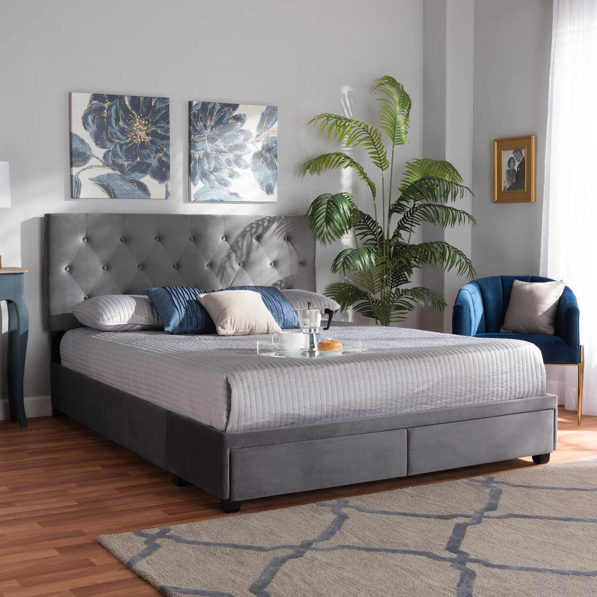 Grey Velvet Upholstered 2-Drawer King Size Platform Storage Bed Y469305