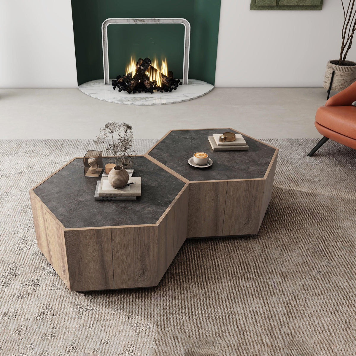 Hexagonal Coffee Table with 2 Drawers, Textured Black Warm Oak L97902