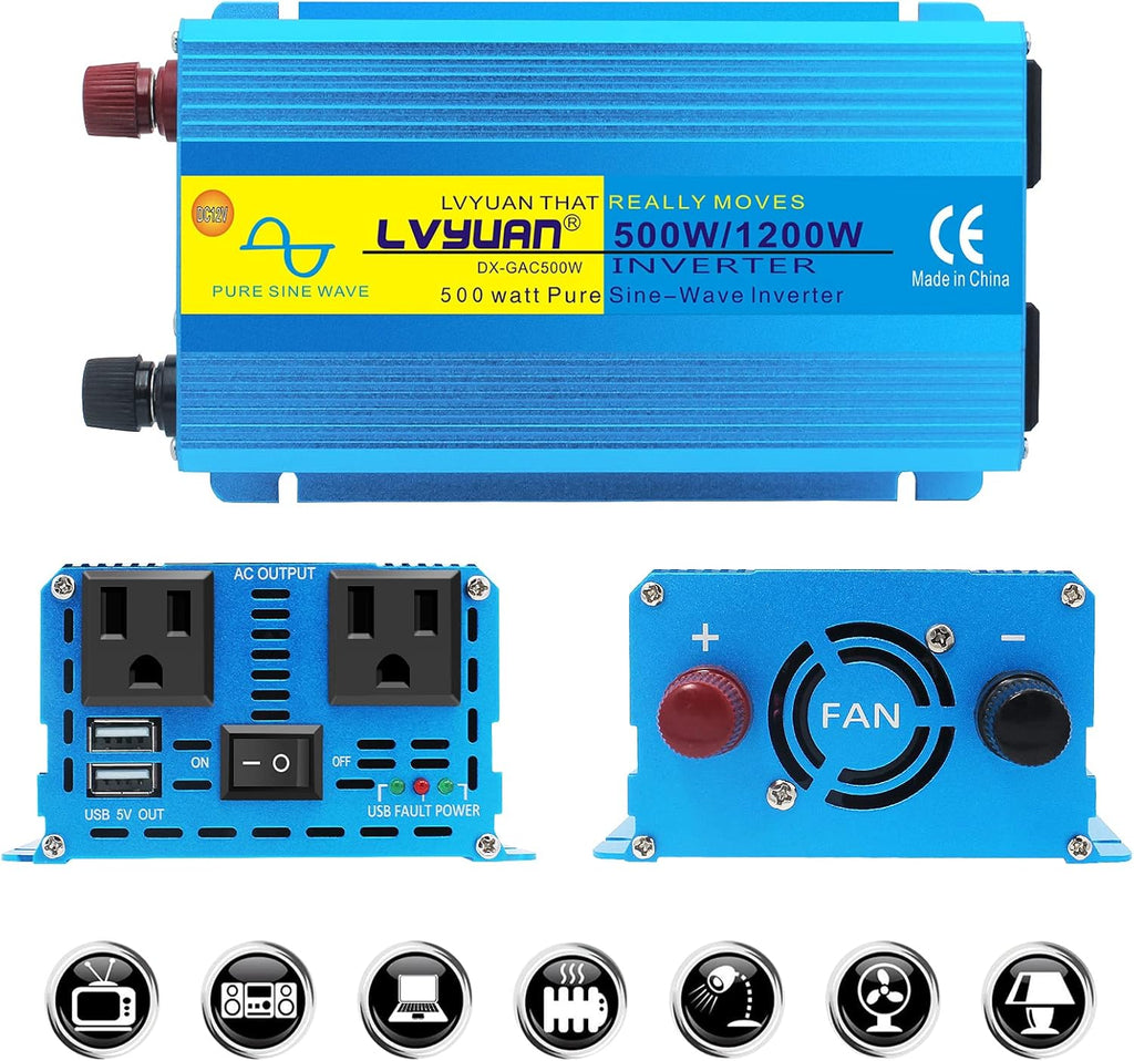 1000W Pure Sine Wave Car Power Inverter Dual AC Outlets Dual USB Charging Ports Pack of 2 V140018