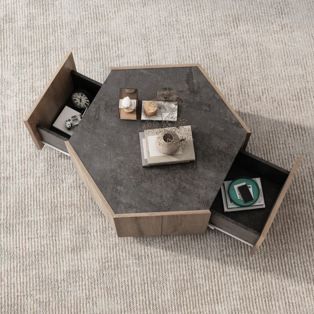 Hexagonal Coffee Table with 2 Drawers, Textured Black Warm Oak L97902