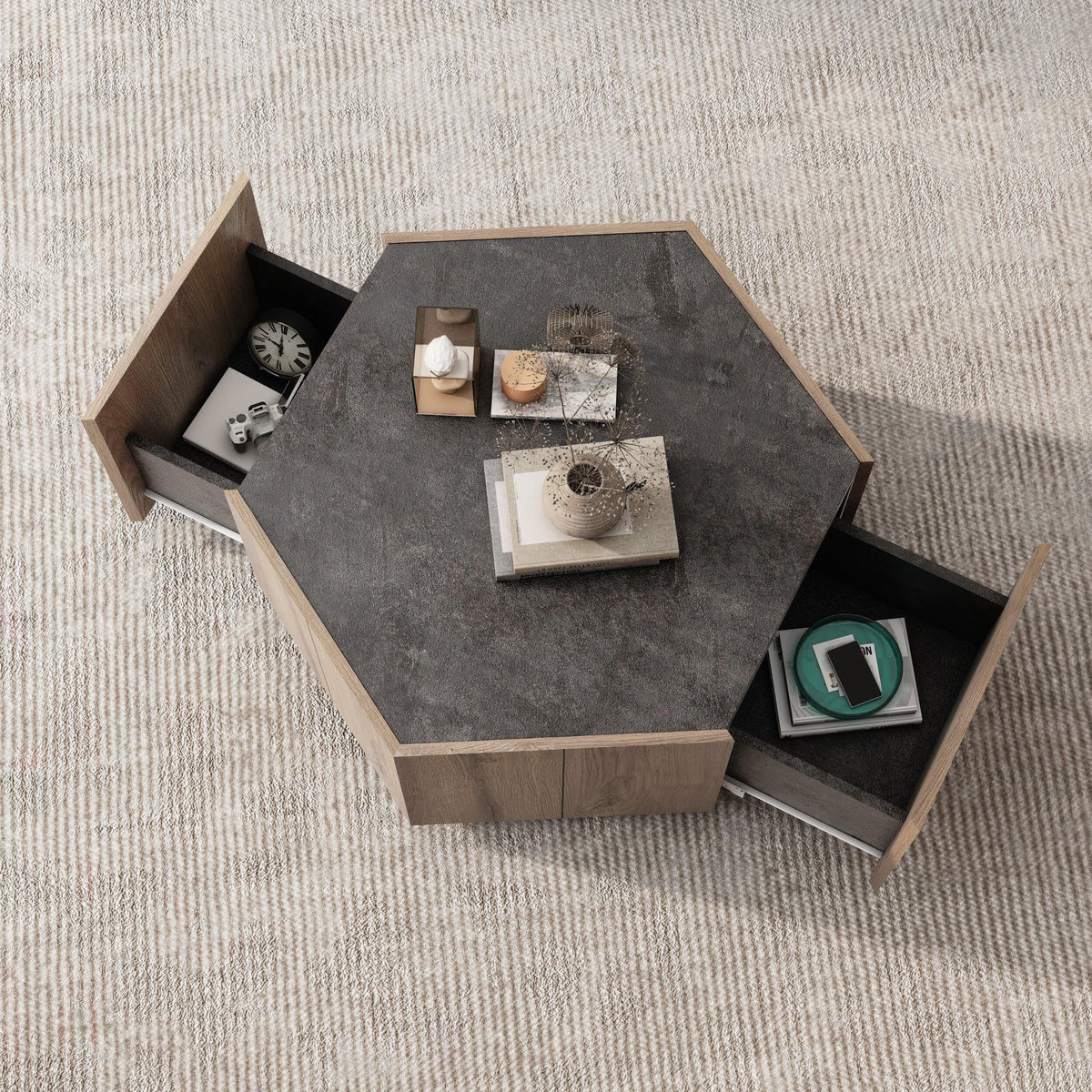 Hexagonal Coffee Table with 2 Drawers, Textured Black Warm Oak L97902
