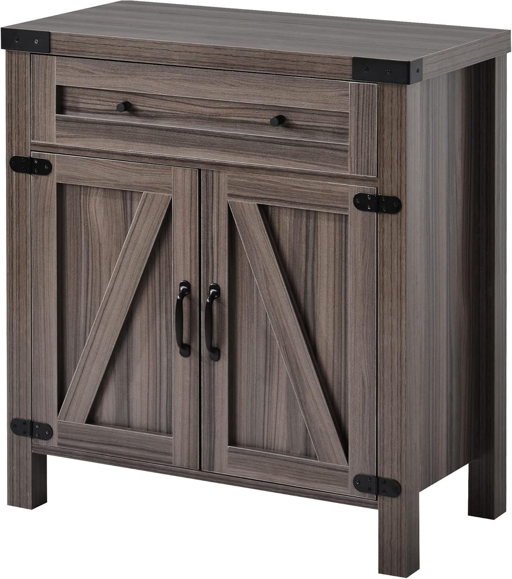 Farmhouse Barn Doors Storage Cabinet with Storage Drawer and Metal Handles, Dark Brown H620