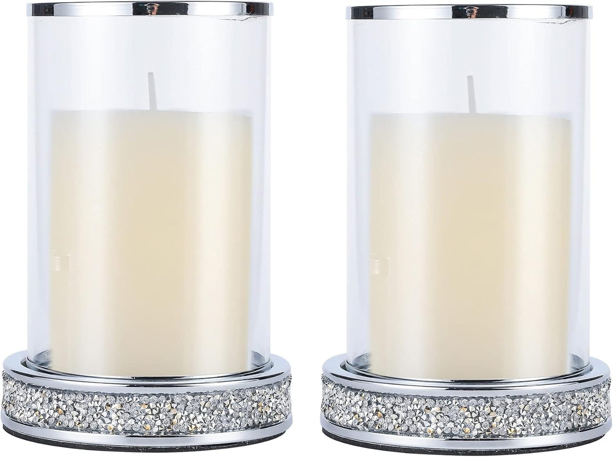 2 Pieces Silver Metal Candle Holder with Glass Hurricane Lid W20366