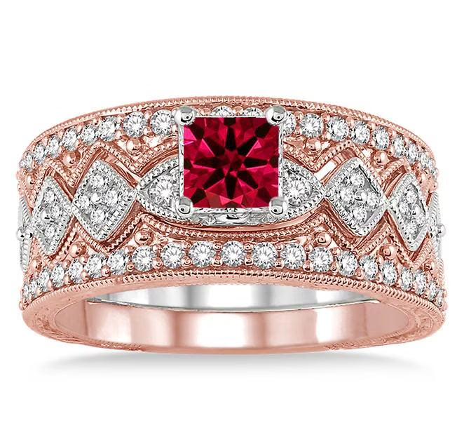 3 Carat Moissanite Princess Cut Red Ruby Trio Bridal Set Engagement Ring On 10K Rose Gold H16898