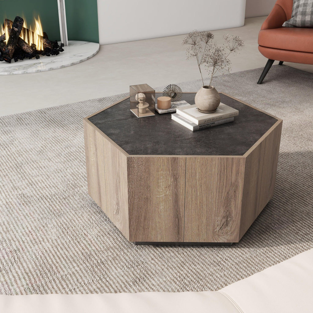 Hexagonal Coffee Table with 2 Drawers, Textured Black Warm Oak L97902