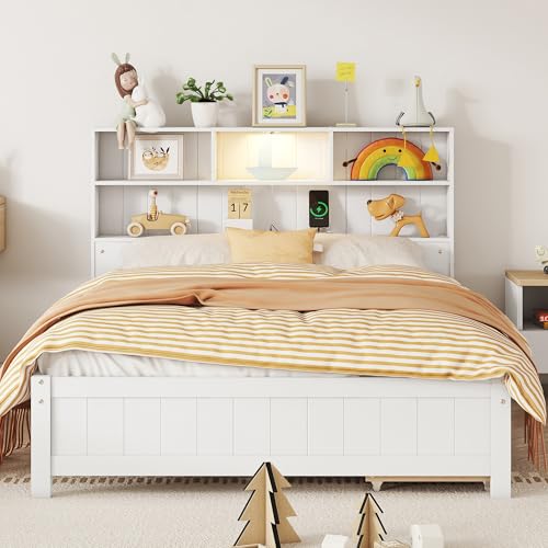 White Wood Twin Storage Bed with Bookcase Headboard and USB Charging Station J61591