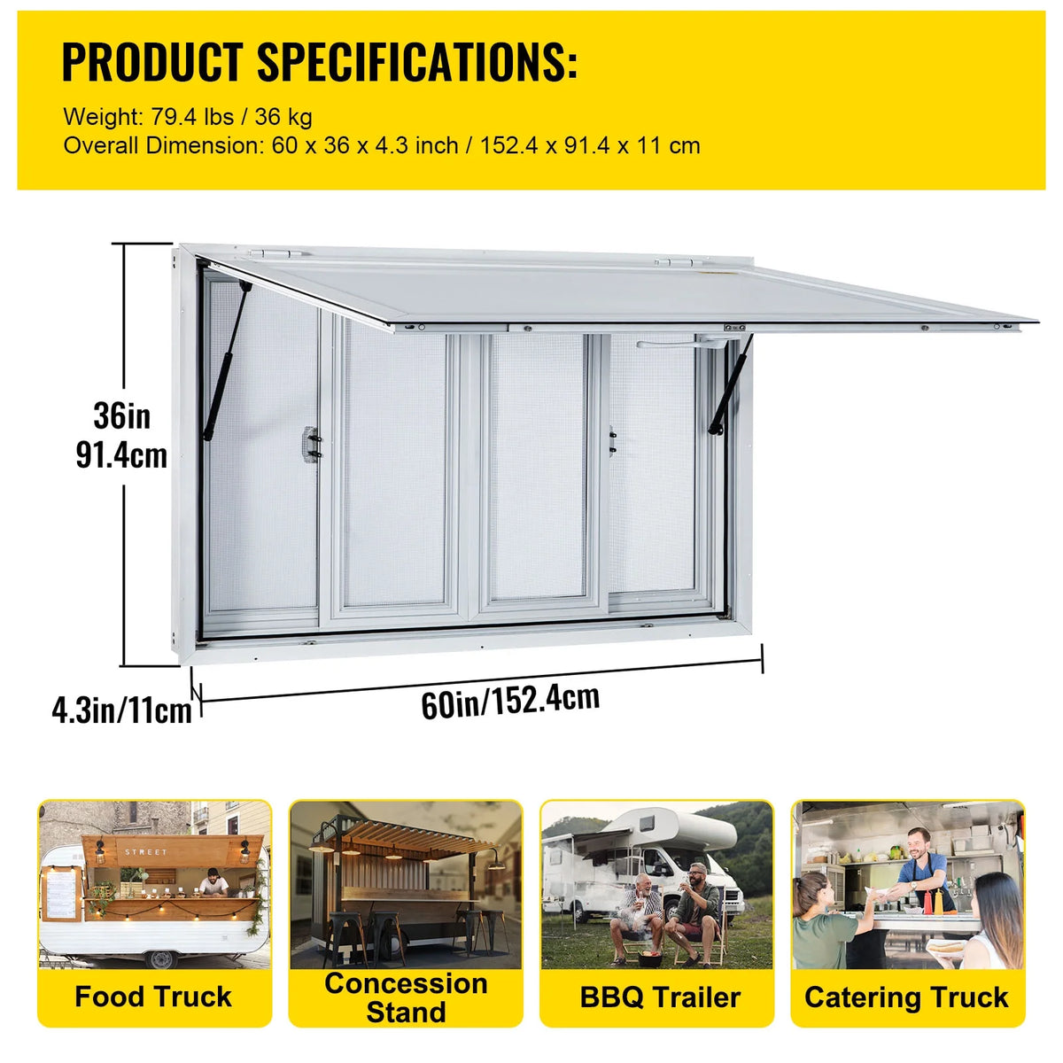 60 x 36 inches Aluminum Food Truck Service Window with 4 Horizontal Sliding Screens I75855