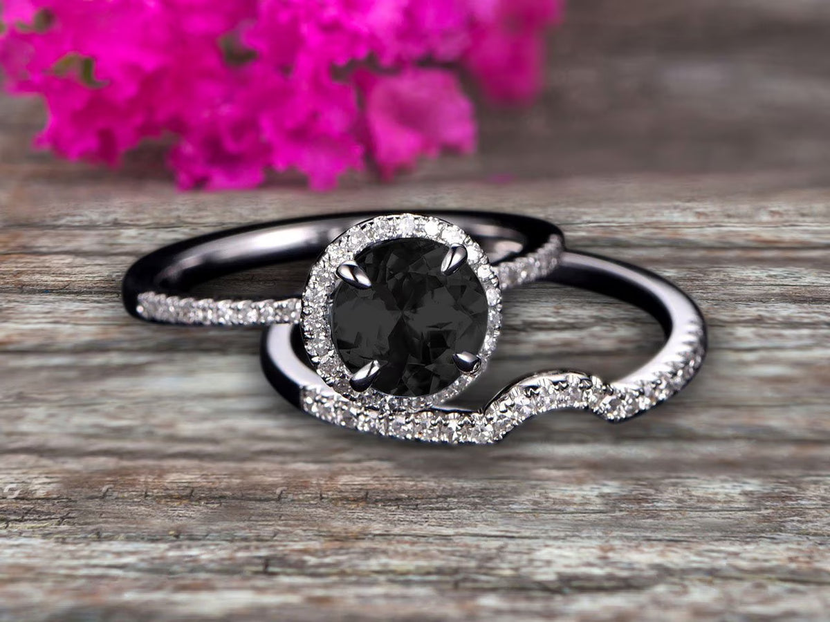2.25 Carat Black Diamond Moissanite Engagement Ring Set With Curved Diamond Matching Band 10K White Gold Bridal Ring Set U66280