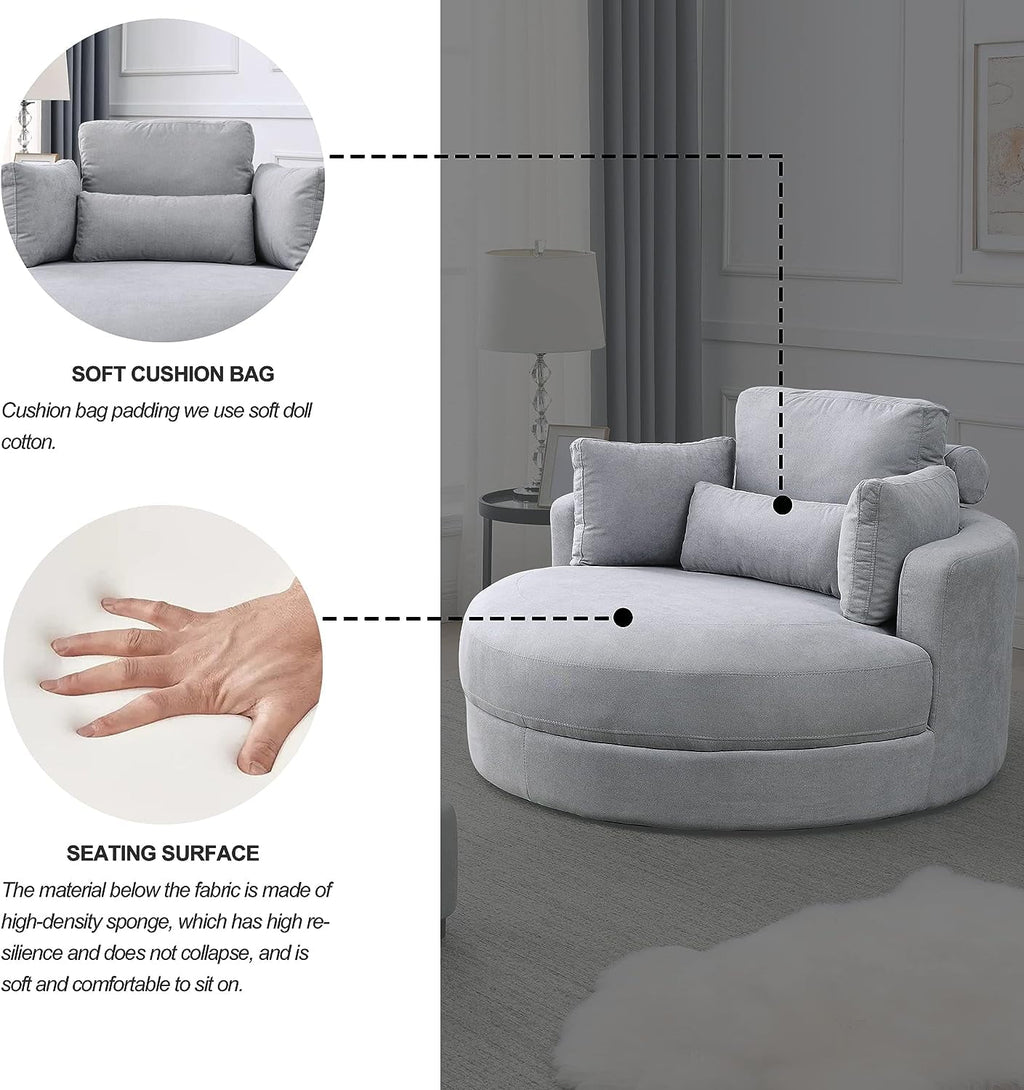 Light Gray Linen Fabric Swivel Chair with Ottoman and 4 Pillows O30696