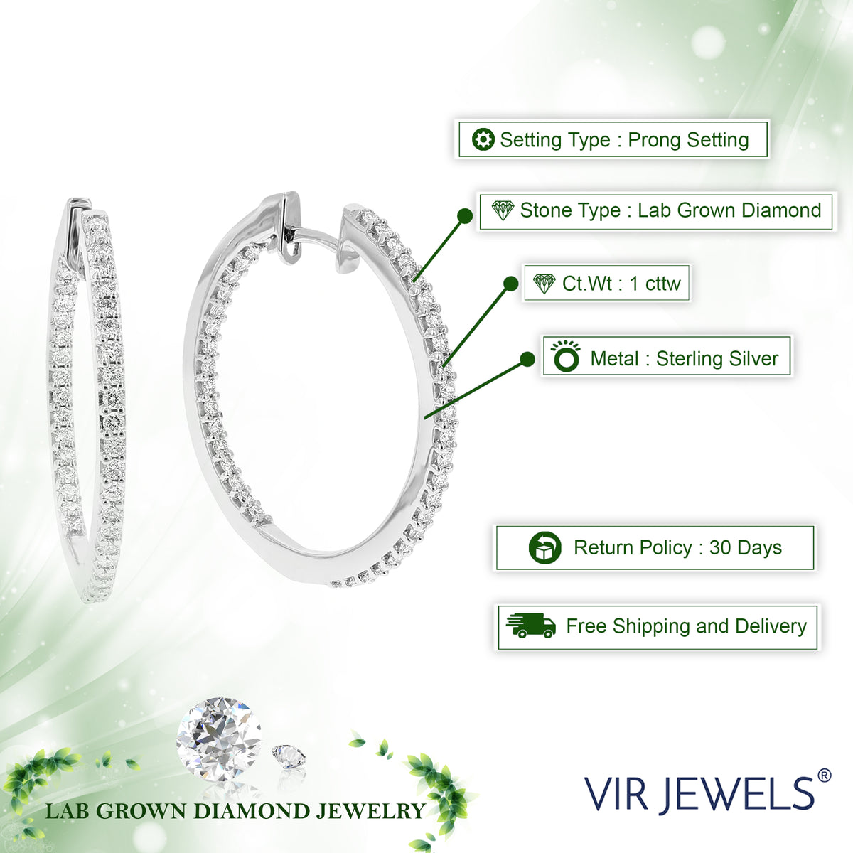 1 1/4 Inch Lab Grown Diamond Hoop Earrings 925 Sterling Silver Z124379