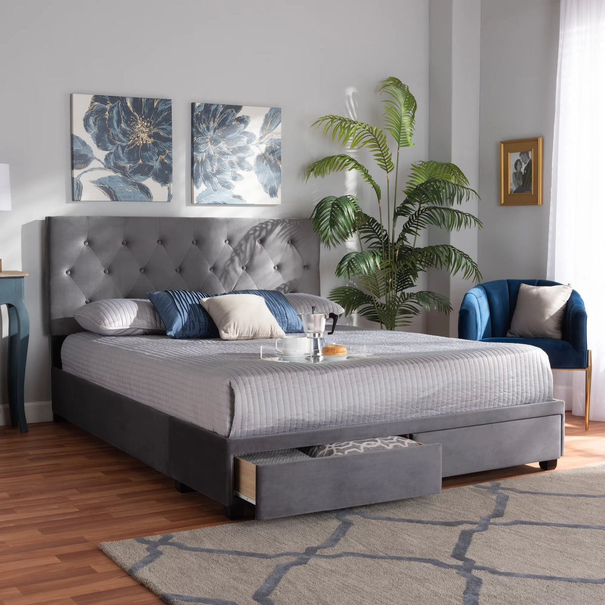 Grey Velvet Upholstered 2-Drawer King Size Platform Storage Bed Y469305