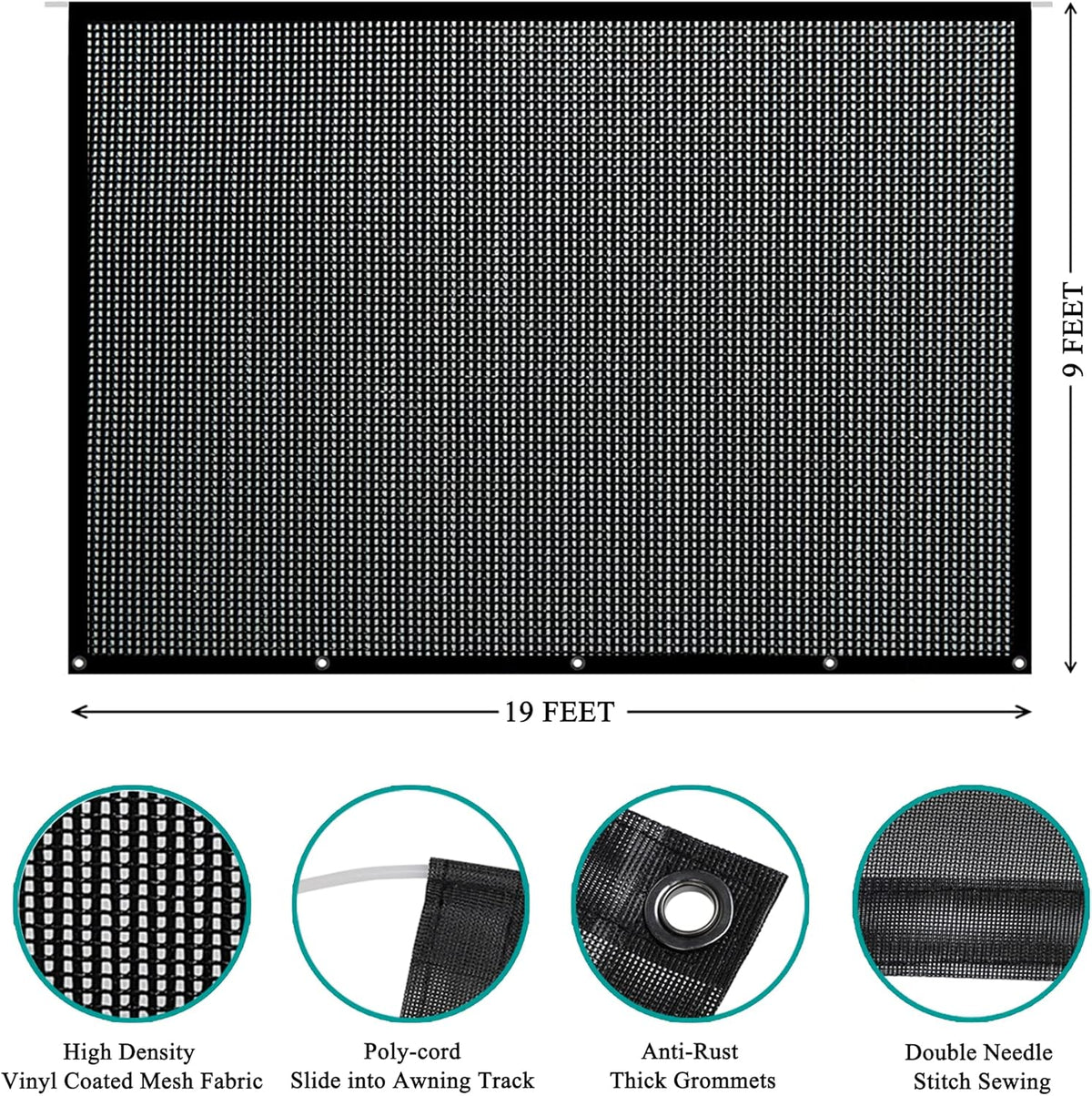 9' X 19' Black Mesh RV Awning Sun Shade Screen N1806