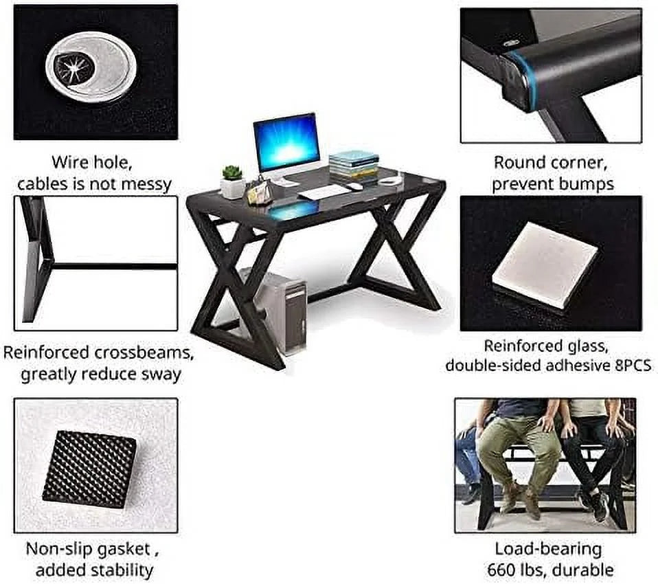 Home Office Desk and Chair Set Breathable Mesh Computer Chair Glass Top Computer Desk Metal Frame D5938